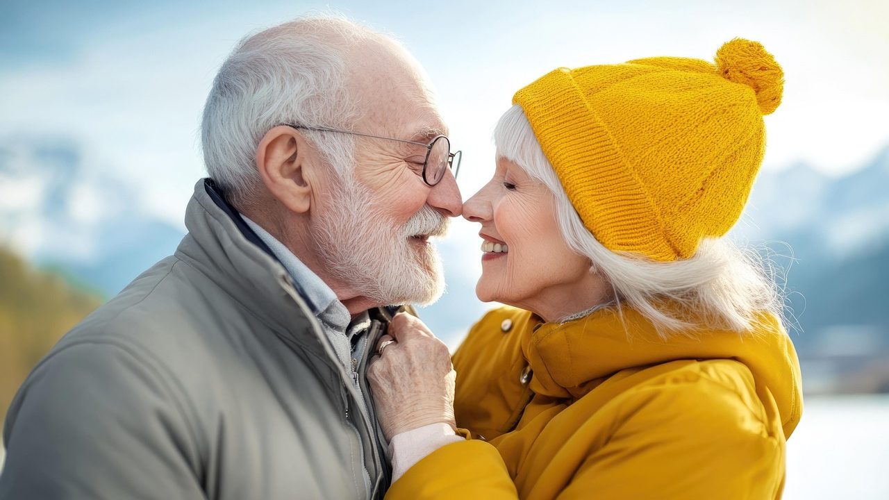 Un couple de seniors emmitouflés dans leurs doudounes et leur amour