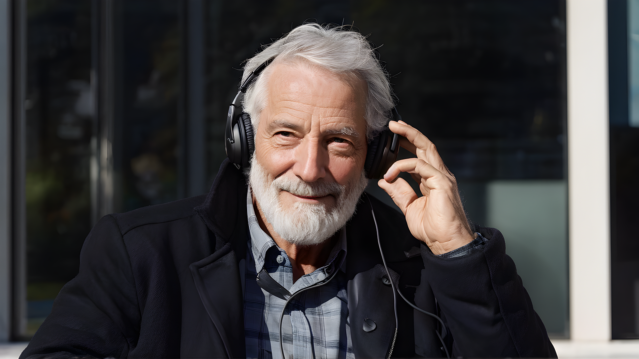 Un senior qui écoute de la musique avec des écouteurs