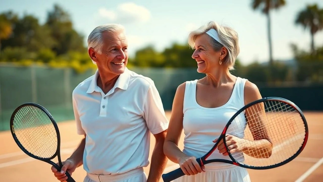 Couple de seniors sur un terrain de tennis