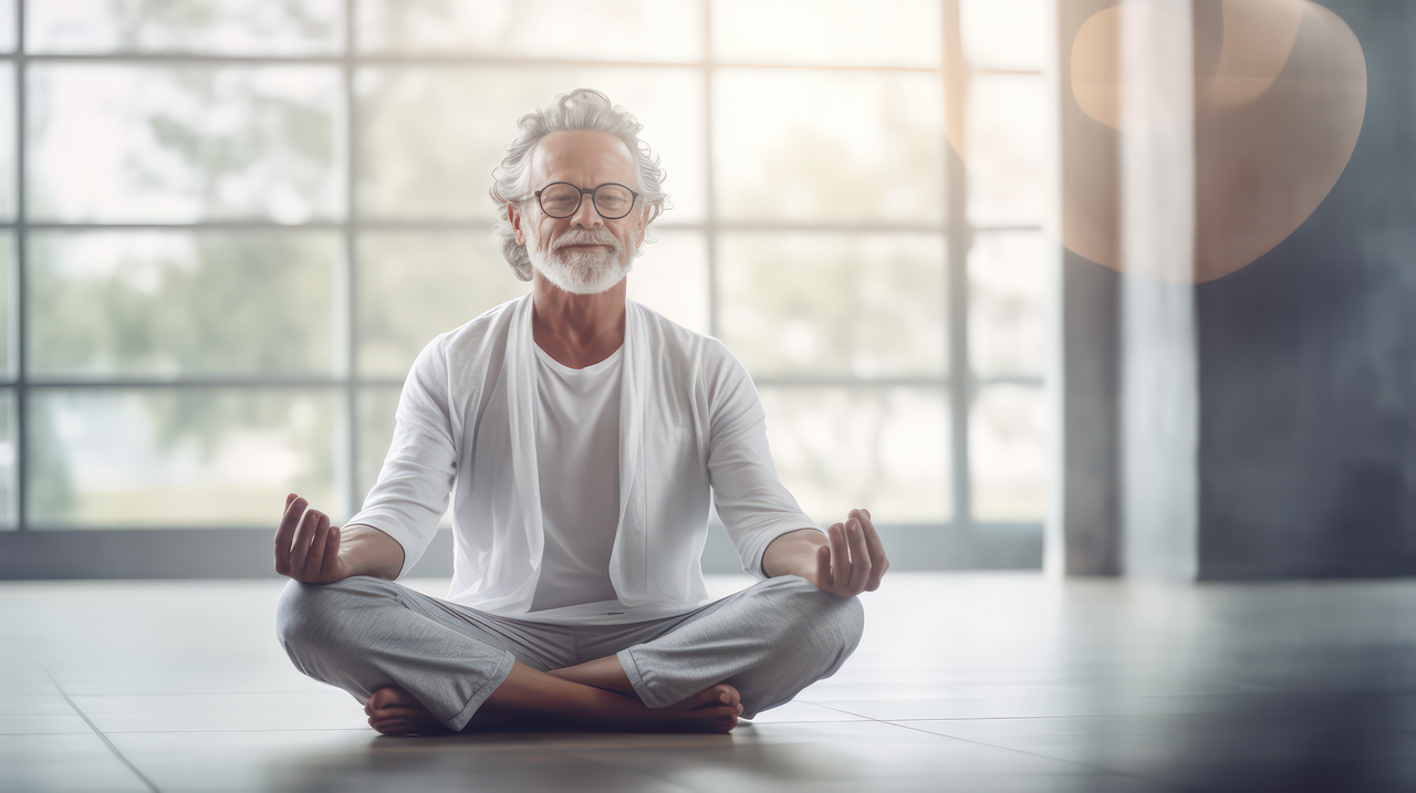 Homme senior en pleine séance de yoga