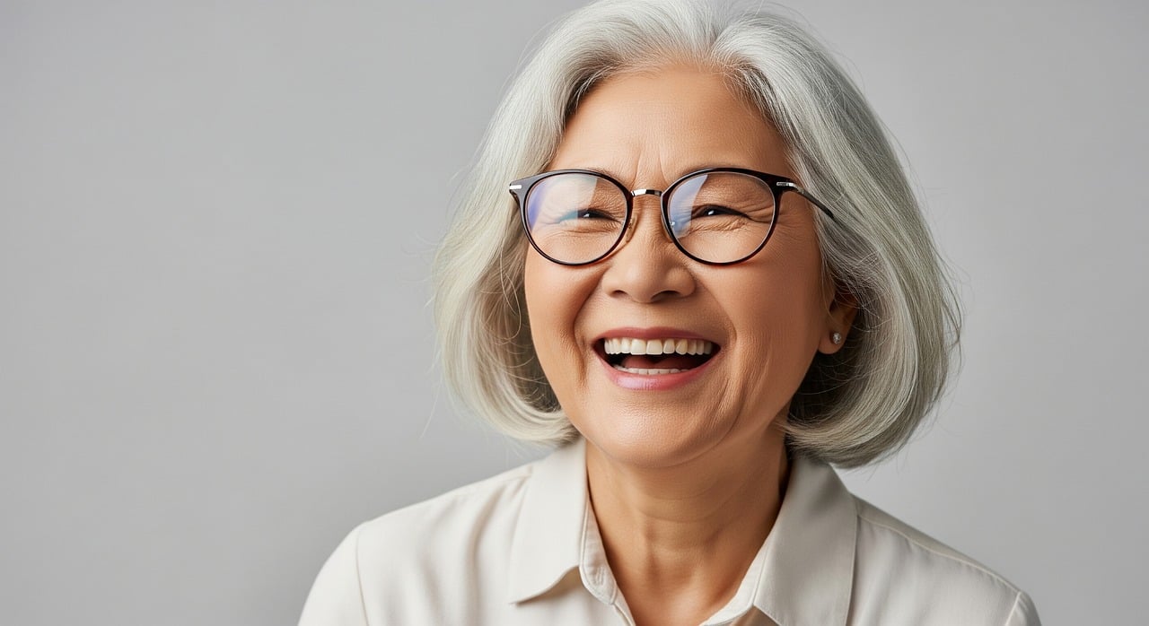 Femme senior souriante aux cheveux blancs