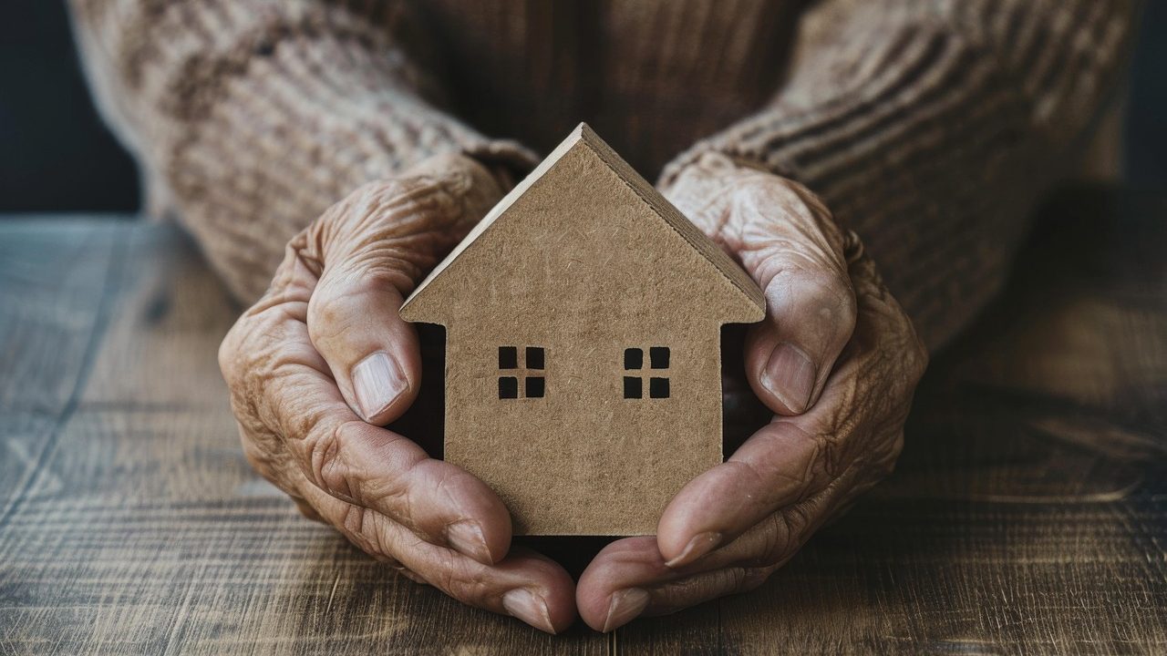 Les mains d'une personne âgée qui tiennent une petite maison en bois