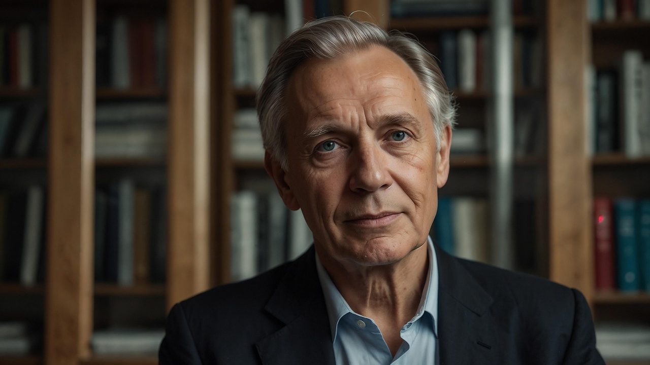 Homme senior devant un bibliothèque