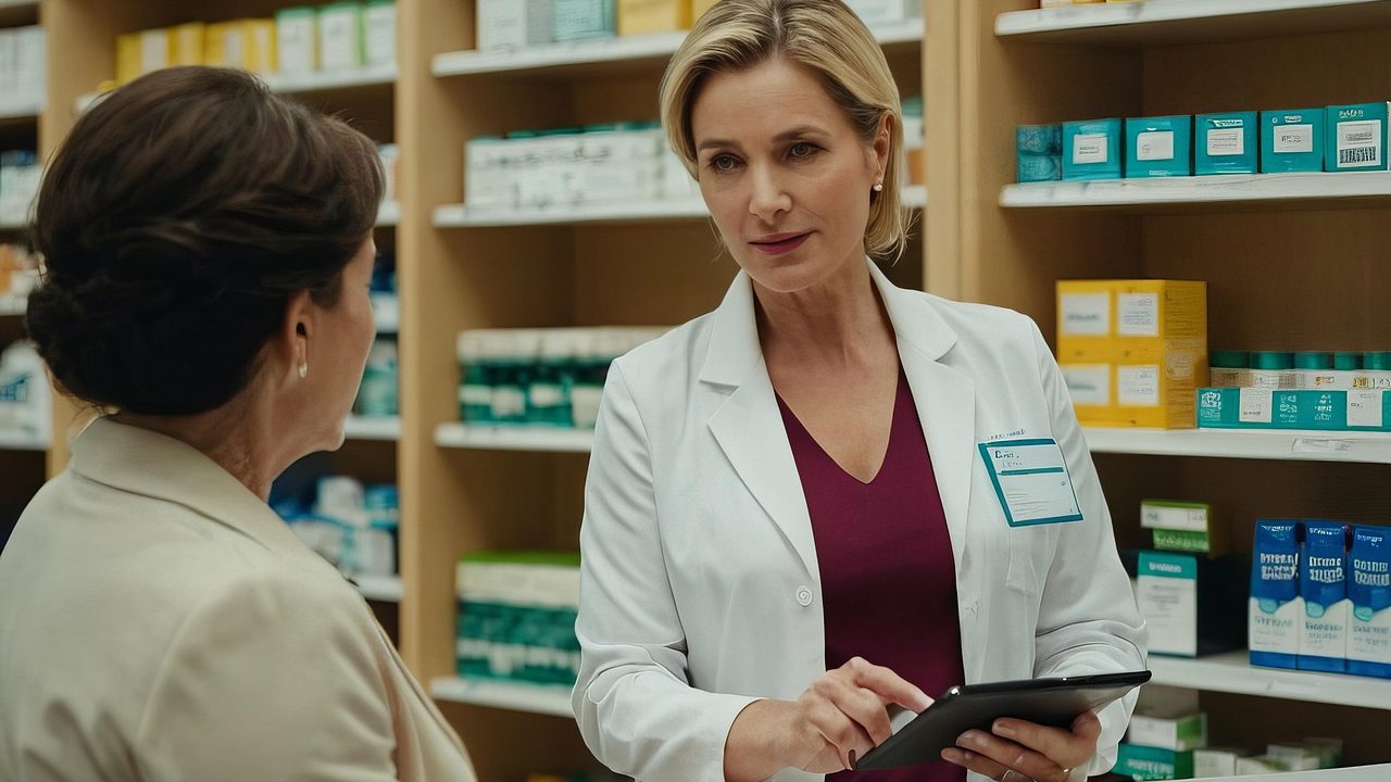 Une femme senior qui discute avec une pharmacienne