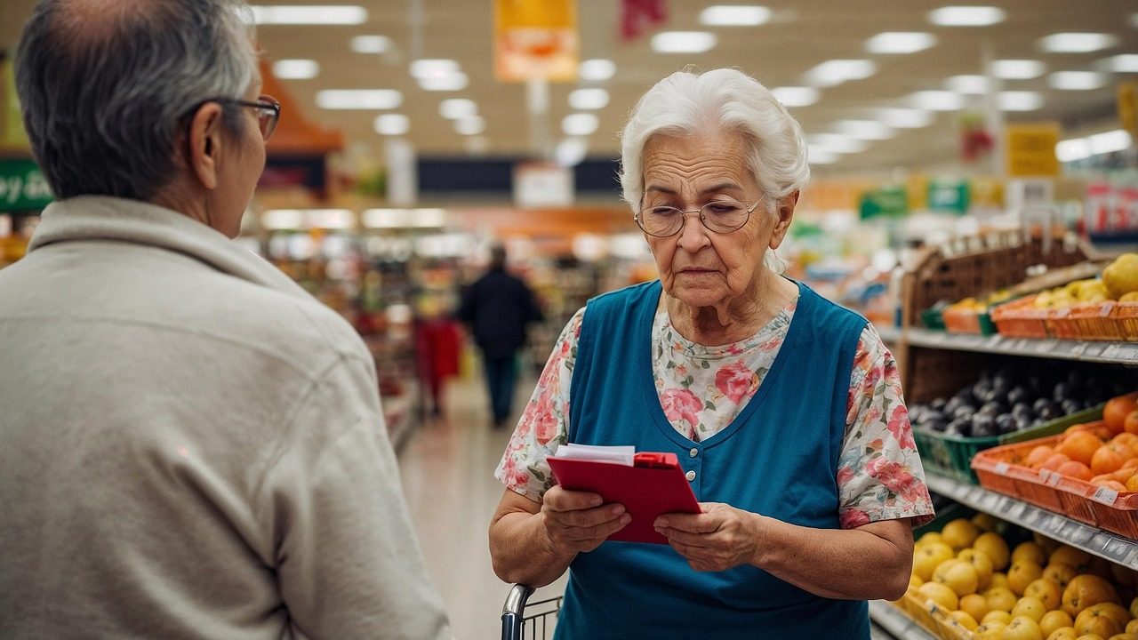 Un couple de personnes âgées qui fait ses courses au supermarché