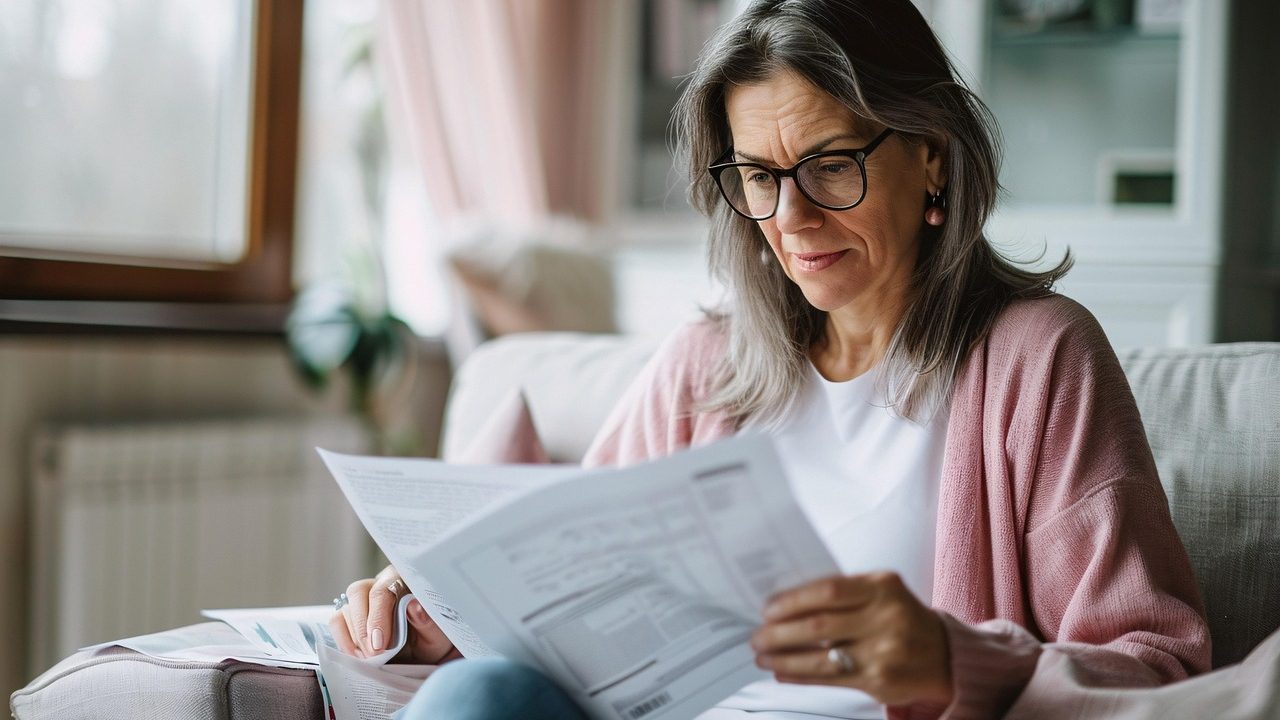 Femme senior qui lit des papiers assise dans son canapé