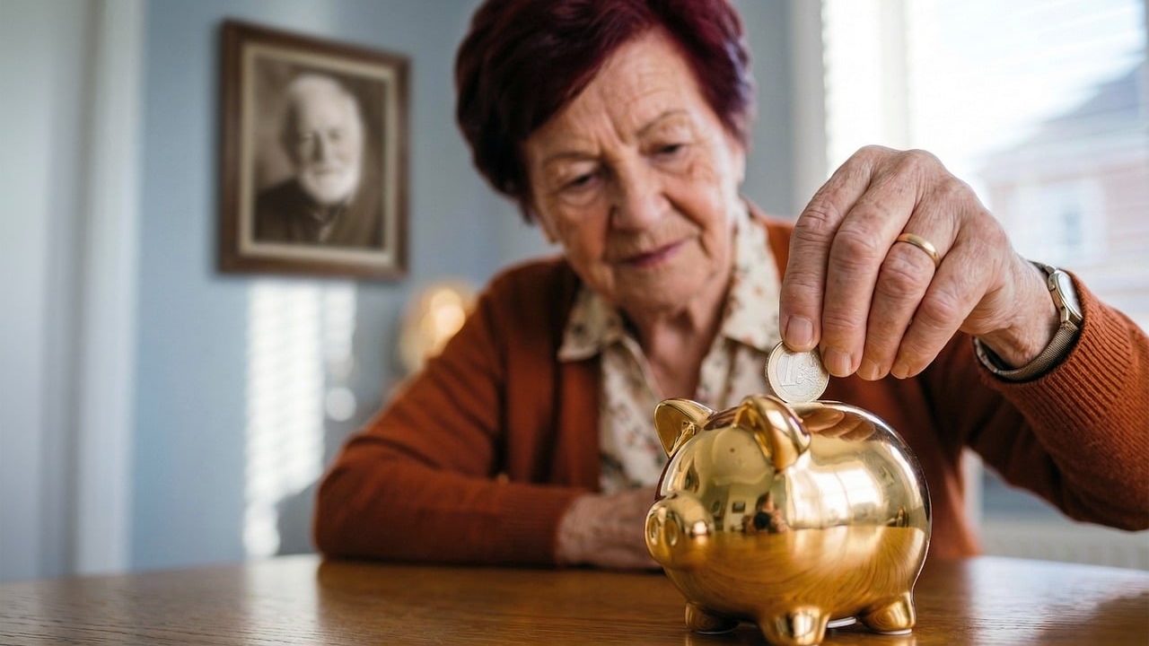 Une femme retraitée qui met une pièce dans une tirelire cochon dorée