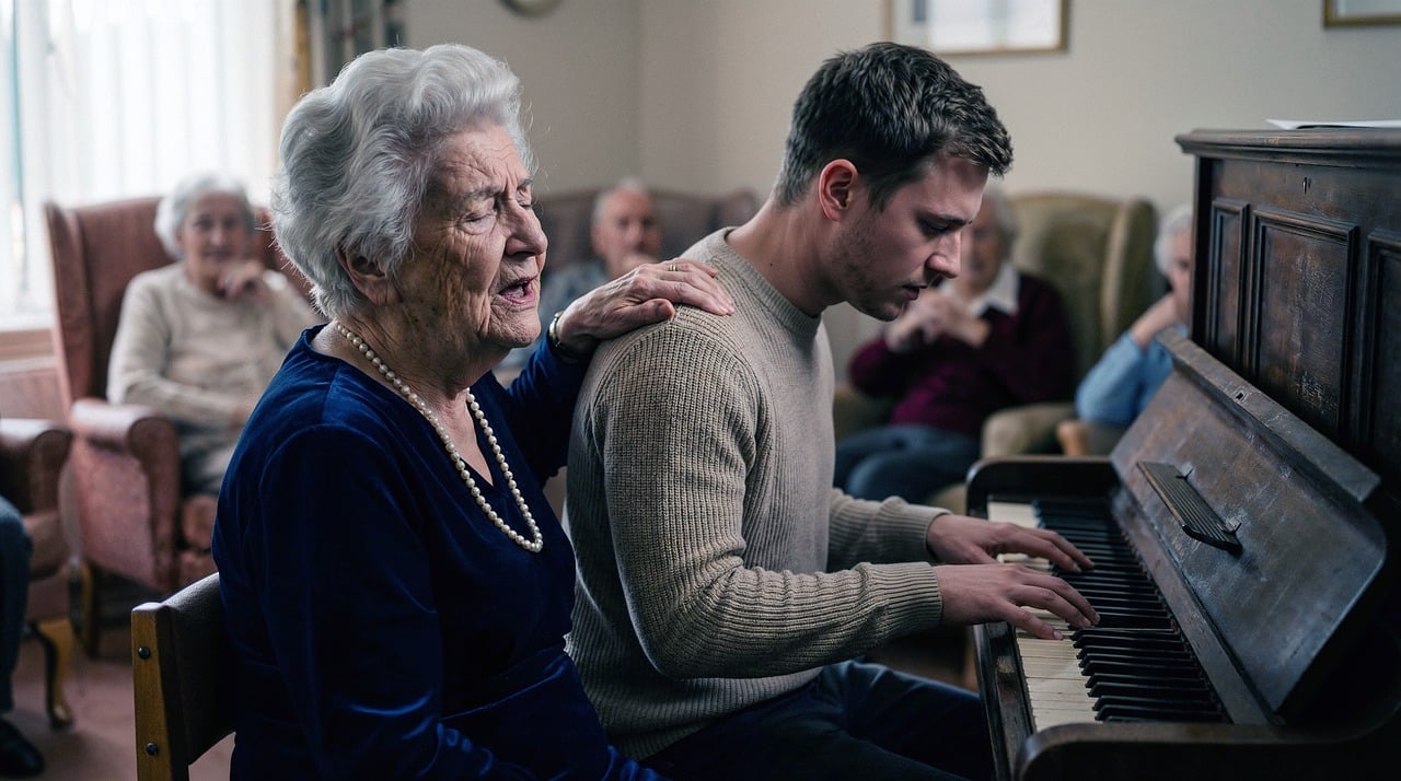 Une dame âgée qui chante accompagnée d'un jeune au piano dans une résidence seniors