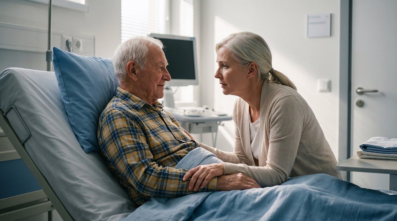 Un vieil homme sur un lit d'hôpital qui tient les mains de sa femme