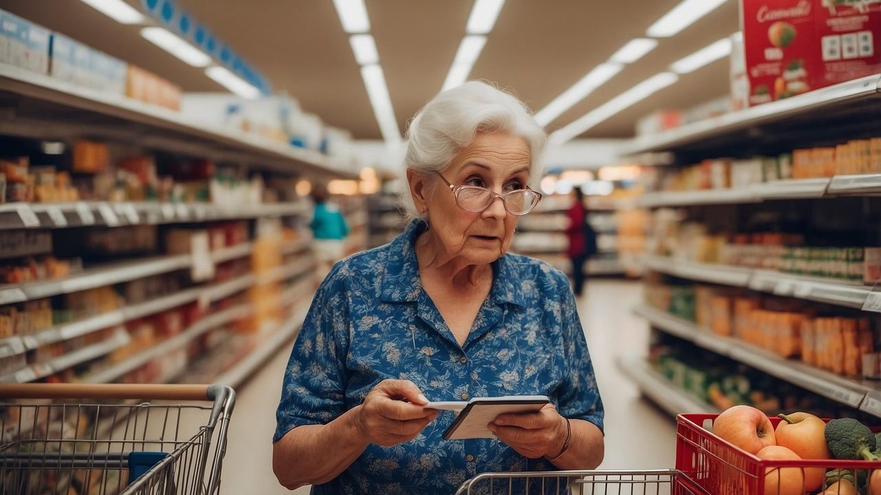 Une femme retraitée qui fait ses courses dans les allées d'un supermarché