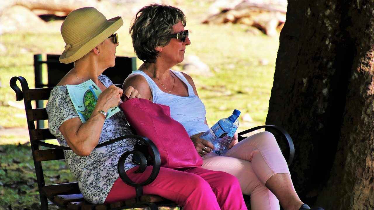 Deux femmes seniors assises à l'ombre un jour ensoleillé