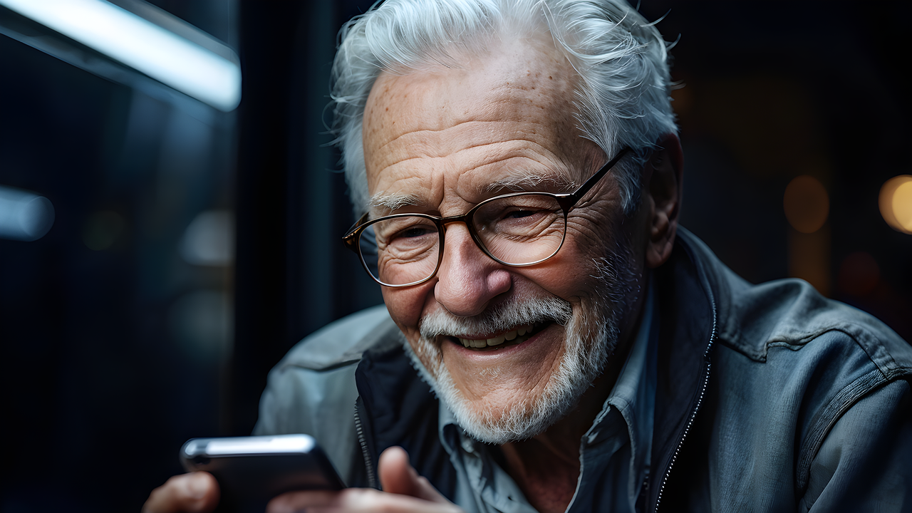 UN senior qui utilise son smartphone pour envoyer un message sms